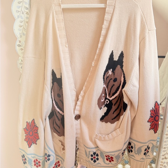 The found - Cream Horse-Graphic Open Cardigan Sweater- m - Picture 2 of 4